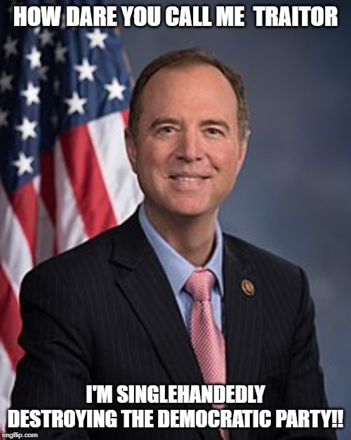 Adam Schiff and US Flag | HOW DARE YOU CALL ME  TRAITOR; I'M SINGLEHANDEDLY DESTROYING THE DEMOCRATIC PARTY!! | image tagged in adam schiff and us flag | made w/ Imgflip meme maker