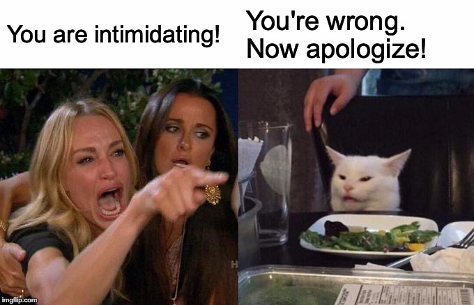 Woman Yelling At Cat Meme | You are intimidating! You're wrong. Now apologize! | image tagged in memes,woman yelling at cat | made w/ Imgflip meme maker