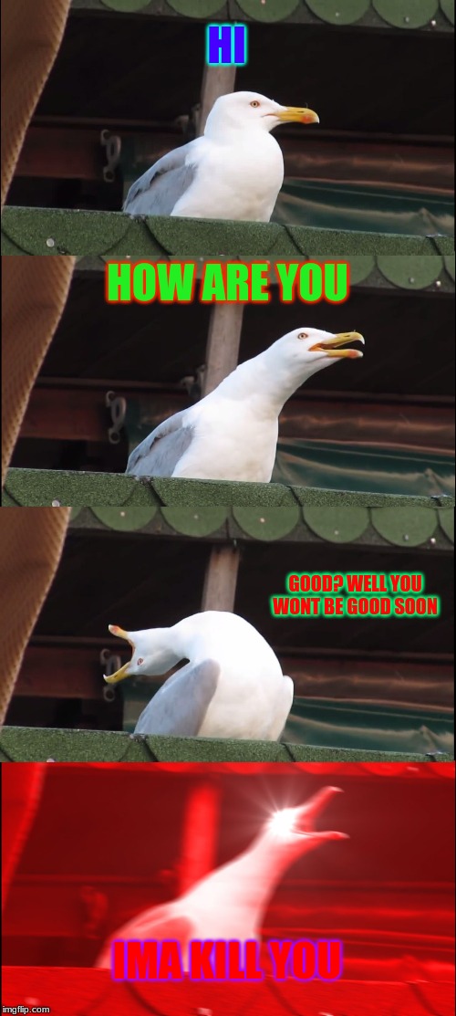 Inhaling Seagull Meme | HI; HOW ARE YOU; GOOD? WELL YOU WONT BE GOOD SOON; IMA KILL YOU | image tagged in memes,inhaling seagull | made w/ Imgflip meme maker