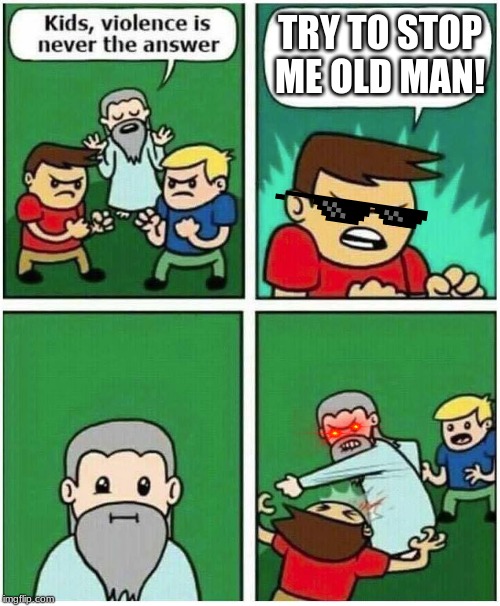 Violence is never the answer | TRY TO STOP ME OLD MAN! | image tagged in violence is never the answer | made w/ Imgflip meme maker