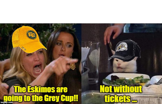 Woman Yelling At Cat | The Eskimos are going to the Grey Cup!! Not without
tickets ... | image tagged in memes,woman yelling at cat | made w/ Imgflip meme maker