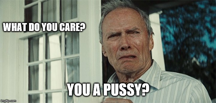 Clint Eastwood WTF | WHAT DO YOU CARE? YOU A PUSSY? | image tagged in clint eastwood wtf | made w/ Imgflip meme maker