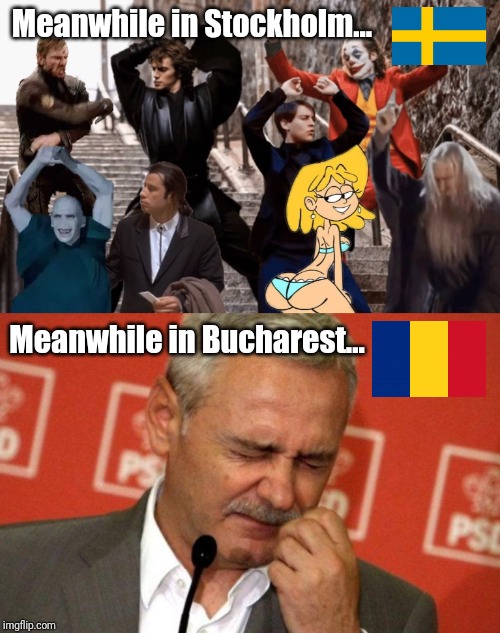 Romania 0-2 Sweden. Romania can into playoffs :( | Meanwhile in Stockholm... Meanwhile in Bucharest... | image tagged in memes,funny,football,soccer,romania,sweden | made w/ Imgflip meme maker