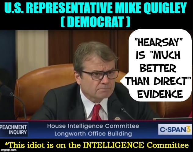 Highlighting Your U.S. Intelligence Committee | U.S. REPRESENTATIVE MIKE QUIGLEY
( DEMOCRAT ); "HEARSAY" IS "MUCH BETTER THAN DIRECT"  EVIDENCE; *This idiot is on the INTELLIGENCE Committee | image tagged in vince vance,democrats,mike quigley,intelligence,committee,heresay | made w/ Imgflip meme maker