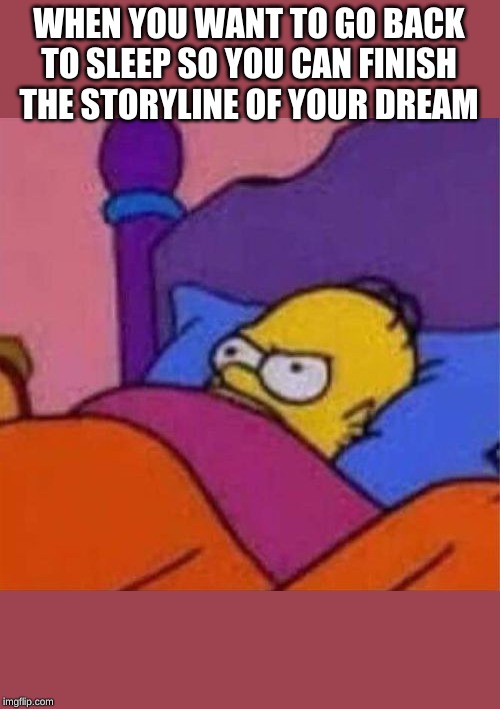 angry homer simpson in bed | WHEN YOU WANT TO GO BACK TO SLEEP SO YOU CAN FINISH THE STORYLINE OF YOUR DREAM | image tagged in angry homer simpson in bed | made w/ Imgflip meme maker