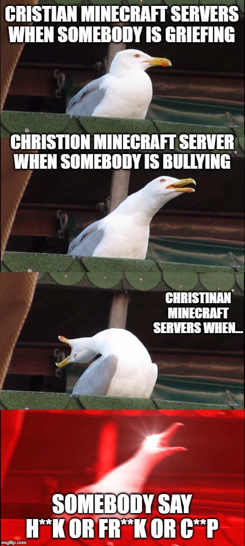 Inhaling Seagull | CRISTIAN MINECRAFT SERVERS WHEN SOMEBODY IS GRIEFING; CHRISTION MINECRAFT SERVER WHEN SOMEBODY IS BULLYING; CHRISTINAN MINECRAFT SERVERS WHEN... SOMEBODY SAY H**K OR FR**K OR C**P | image tagged in memes,inhaling seagull | made w/ Imgflip meme maker