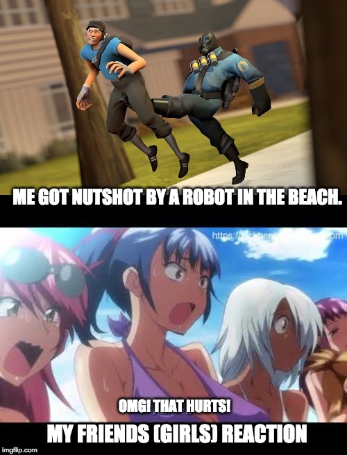 Nutshotted in front of girls. | ME GOT NUTSHOT BY A ROBOT IN THE BEACH. OMG! THAT HURTS! MY FRIENDS (GIRLS) REACTION | image tagged in anime,deez nuts | made w/ Imgflip meme maker