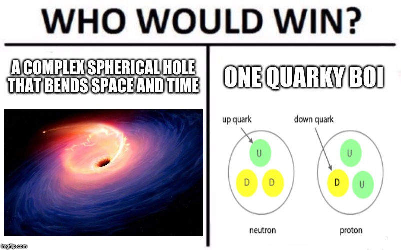 Who Would Win? | A COMPLEX SPHERICAL HOLE THAT BENDS SPACE AND TIME; ONE QUARKY BOI | image tagged in memes,who would win | made w/ Imgflip meme maker