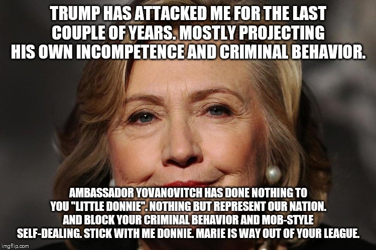 Notorious HRC | TRUMP HAS ATTACKED ME FOR THE LAST COUPLE OF YEARS. MOSTLY PROJECTING HIS OWN INCOMPETENCE AND CRIMINAL BEHAVIOR. AMBASSADOR YOVANOVITCH HAS DONE NOTHING TO YOU "LITTLE DONNIE". NOTHING BUT REPRESENT OUR NATION. AND BLOCK YOUR CRIMINAL BEHAVIOR AND MOB-STYLE SELF-DEALING. STICK WITH ME DONNIE. MARIE IS WAY OUT OF YOUR LEAGUE. | image tagged in notorious hrc | made w/ Imgflip meme maker