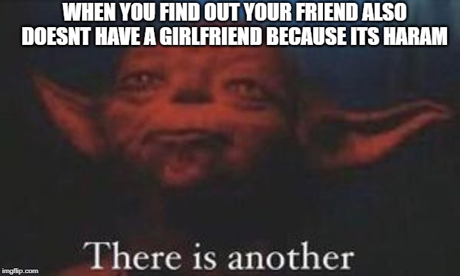 yoda there is another | WHEN YOU FIND OUT YOUR FRIEND ALSO DOESNT HAVE A GIRLFRIEND BECAUSE ITS HARAM | image tagged in yoda there is another | made w/ Imgflip meme maker