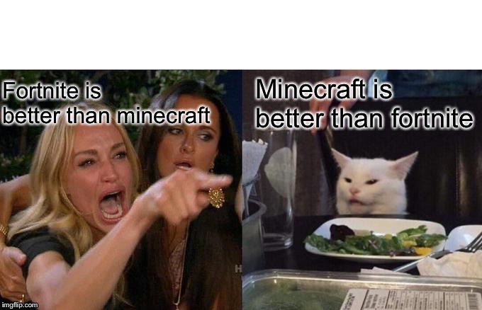 I agree with the cat | Minecraft is better than fortnite; Fortnite is better than minecraft | image tagged in memes,woman yelling at cat | made w/ Imgflip meme maker