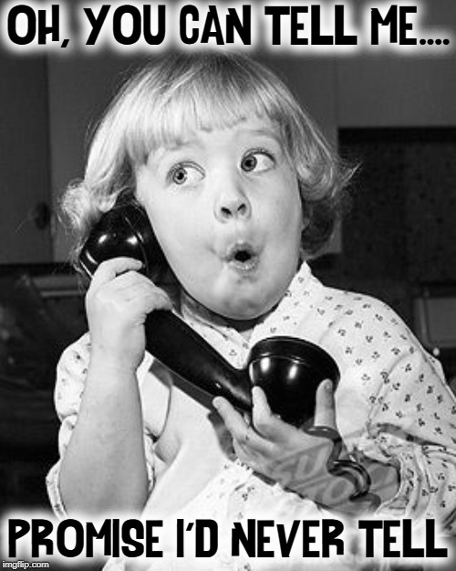 Old Saying: Telephone, Telegraph... (censored for political correctness) | OH, YOU CAN TELL ME.... PROMISE I'D NEVER TELL | image tagged in vince vance,gossip,little girl,telephone,telegraph,blond | made w/ Imgflip meme maker