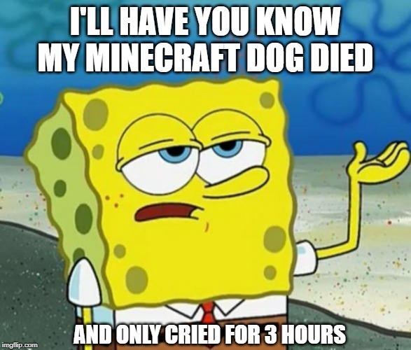 Tough Guy Sponge Bob | I'LL HAVE YOU KNOW MY MINECRAFT DOG DIED; AND ONLY CRIED FOR 3 HOURS | image tagged in tough guy sponge bob | made w/ Imgflip meme maker