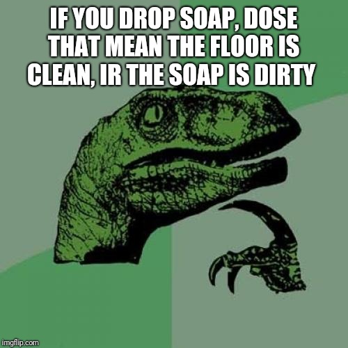 Philosoraptor Meme | IF YOU DROP SOAP, DOSE THAT MEAN THE FLOOR IS CLEAN, IR THE SOAP IS DIRTY | image tagged in memes,philosoraptor | made w/ Imgflip meme maker