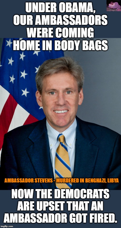 They didn't care about Ambassador Stevens getting murdered. | UNDER OBAMA, OUR AMBASSADORS WERE COMING HOME IN BODY BAGS; NOW THE DEMOCRATS ARE UPSET THAT AN AMBASSADOR GOT FIRED. AMBASSADOR STEVENS - MURDERED IN BENGHAZI, LIBYA | image tagged in ambassador chris stevens | made w/ Imgflip meme maker