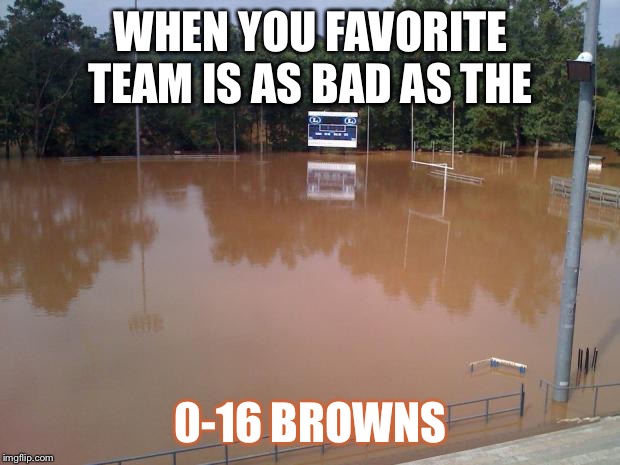 Flooded Football Field | WHEN YOU FAVORITE TEAM IS AS BAD AS THE; 0-16 BROWNS | image tagged in flooded football field | made w/ Imgflip meme maker