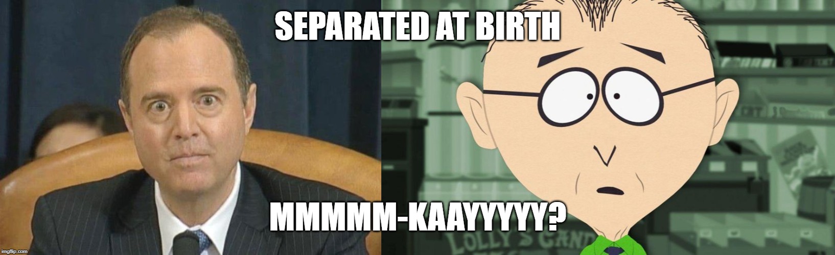 Once you see it.... | SEPARATED AT BIRTH; MMMMM-KAAYYYYY? | image tagged in adam schiff,separated at birth,mr mackey | made w/ Imgflip meme maker