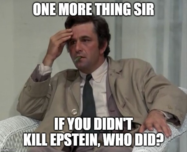 Columbo ponders | ONE MORE THING SIR; IF YOU DIDN'T KILL EPSTEIN, WHO DID? | image tagged in confused columbo,jeffrey epstein | made w/ Imgflip meme maker