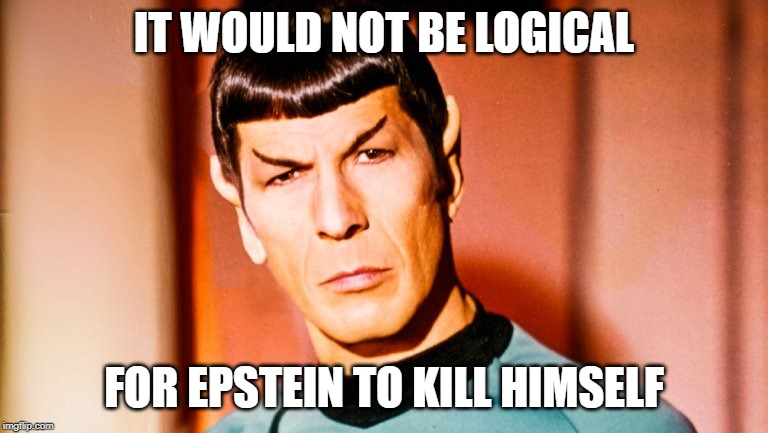 Spocklogic | IT WOULD NOT BE LOGICAL; FOR EPSTEIN TO KILL HIMSELF | image tagged in jeffrey epstein | made w/ Imgflip meme maker