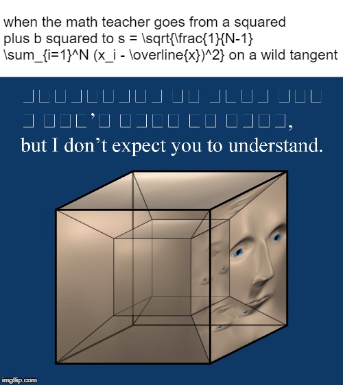 when the math teacher goes from a squared plus b squared to s = \sqrt{\frac{1}{N-1} \sum_{i=1}^N (x_i - \overline{x})^2} on a wild tangent | image tagged in math teacher | made w/ Imgflip meme maker