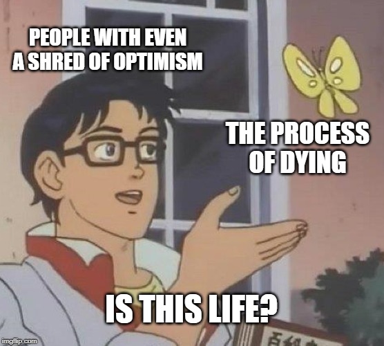 Ignorance is bliss. | PEOPLE WITH EVEN A SHRED OF OPTIMISM; THE PROCESS OF DYING; IS THIS LIFE? | image tagged in memes,is this a pigeon | made w/ Imgflip meme maker