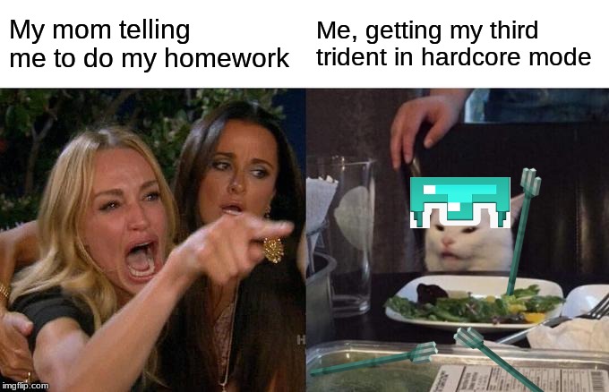 It do be like that | My mom telling me to do my homework; Me, getting my third trident in hardcore mode | image tagged in memes,minecraft,cat | made w/ Imgflip meme maker