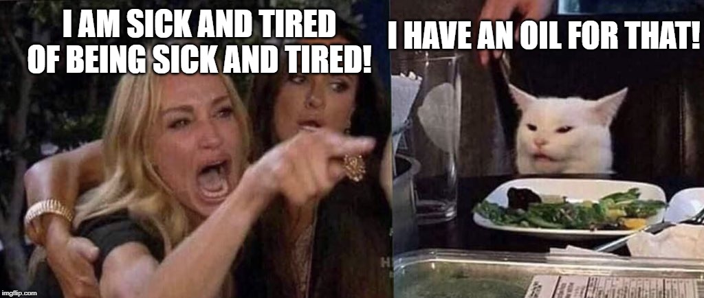 woman yelling at cat | I AM SICK AND TIRED OF BEING SICK AND TIRED! I HAVE AN OIL FOR THAT! | image tagged in woman yelling at cat | made w/ Imgflip meme maker