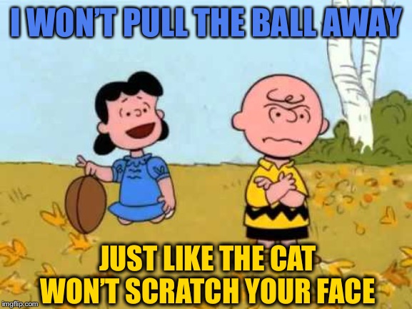 Lucy football and Charlie Brown | I WON’T PULL THE BALL AWAY JUST LIKE THE CAT WON’T SCRATCH YOUR FACE | image tagged in lucy football and charlie brown | made w/ Imgflip meme maker