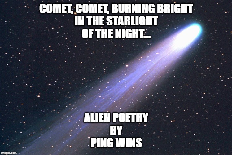 comet | COMET, COMET, BURNING BRIGHT
IN THE STARLIGHT
OF THE NIGHT... ALIEN POETRY
BY
PING WINS | image tagged in comet | made w/ Imgflip meme maker