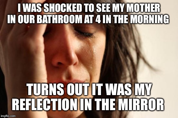First World Problems | I WAS SHOCKED TO SEE MY MOTHER IN OUR BATHROOM AT 4 IN THE MORNING; TURNS OUT IT WAS MY REFLECTION IN THE MIRROR | image tagged in memes,first world problems | made w/ Imgflip meme maker
