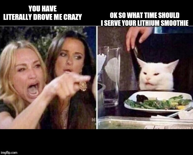 Crying girls and Cat | OK SO WHAT TIME SHOULD I SERVE YOUR LITHIUM SMOOTHIE; YOU HAVE LITERALLY DROVE ME CRAZY | image tagged in crying girls and cat | made w/ Imgflip meme maker