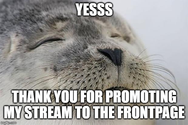 Satisfied Seal Meme | YESSS THANK YOU FOR PROMOTING MY STREAM TO THE FRONTPAGE | image tagged in memes,satisfied seal | made w/ Imgflip meme maker