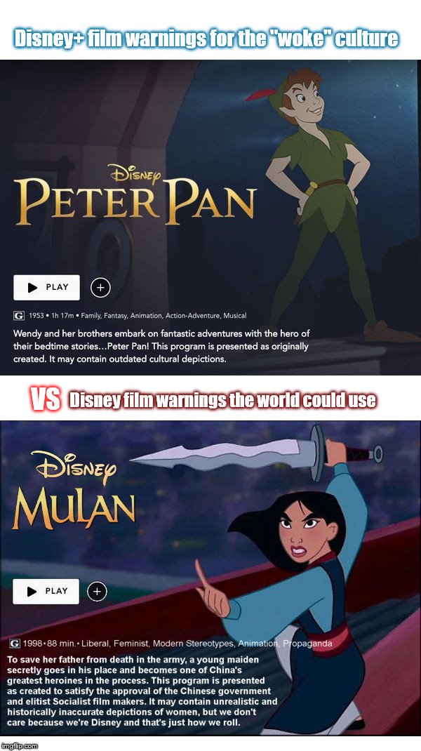 Disney Plus "woke" trigger warnings VS Realistic warnings | Disney+ film warnings for the "woke" culture; Disney film warnings the world could use; VS | image tagged in woke vs realistic,china dictates,feminism is cancer,liberal tears,false narratives,disney | made w/ Imgflip meme maker