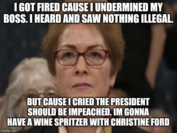 Weak pathetic whiners | I GOT FIRED CAUSE I UNDERMINED MY BOSS. I HEARD AND SAW NOTHING ILLEGAL. BUT CAUSE I CRIED THE PRESIDENT SHOULD BE IMPEACHED. IM GONNA HAVE A WINE SPRITZER WITH CHRISTINE FORD | image tagged in stupid liberals,liberal millenials,maga | made w/ Imgflip meme maker