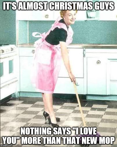 That Special Gift For The Little Woman | IT'S ALMOST CHRISTMAS GUYS; NOTHING SAYS "I LOVE YOU" MORE THAN THAT NEW MOP | image tagged in mopping | made w/ Imgflip meme maker