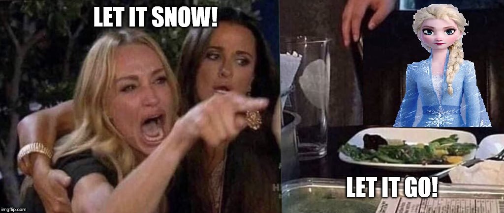 Let It Snow vs Let It Go | LET IT SNOW! LET IT GO! | image tagged in woman yelling at cat,elsa frozen,let it go | made w/ Imgflip meme maker