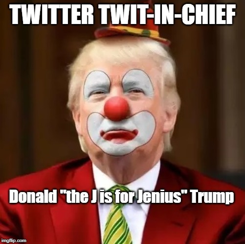 Donald Trump Clown | TWITTER TWIT-IN-CHIEF Donald "the J is for Jenius" Trump | image tagged in donald trump clown | made w/ Imgflip meme maker