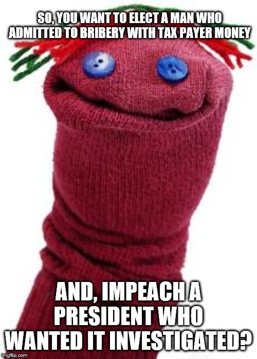 Biden is a known Crook! Impeachment is a Partisan Coup! | SO, YOU WANT TO ELECT A MAN WHO ADMITTED TO BRIBERY WITH TAX PAYER MONEY; AND, IMPEACH A PRESIDENT WHO WANTED IT INVESTIGATED? | image tagged in sock puppet,memes,funny memes,politics | made w/ Imgflip meme maker