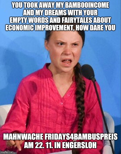 Greta Thunberg how dare you | YOU TOOK AWAY MY BAMBOOINCOME AND MY DREAMS WITH YOUR EMPTY WORDS AND FAIRYTALES ABOUT ECONOMIC IMPROVEMENT, HOW DARE YOU; MAHNWACHE FRIDAYS4BAMBUSPREIS AM 22. 11. IN ENGERSLOH | image tagged in greta thunberg how dare you | made w/ Imgflip meme maker