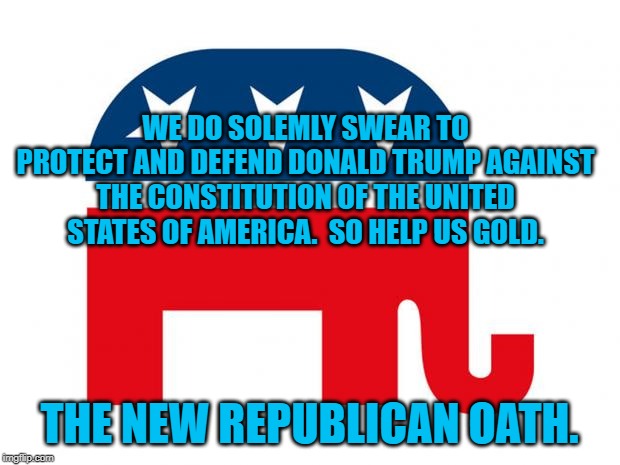 Republican | WE DO SOLEMLY SWEAR TO PROTECT AND DEFEND DONALD TRUMP AGAINST THE CONSTITUTION OF THE UNITED STATES OF AMERICA.  SO HELP US GOLD. THE NEW REPUBLICAN OATH. | image tagged in republican | made w/ Imgflip meme maker