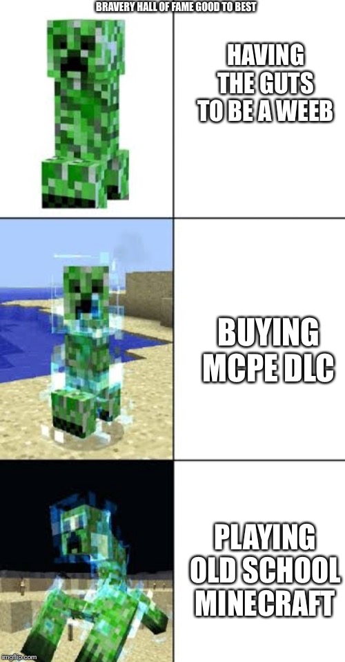 Minecraft creeper template | BRAVERY HALL OF FAME GOOD TO BEST; HAVING THE GUTS TO BE A WEEB; BUYING MCPE DLC; PLAYING OLD SCHOOL MINECRAFT | image tagged in minecraft creeper template | made w/ Imgflip meme maker