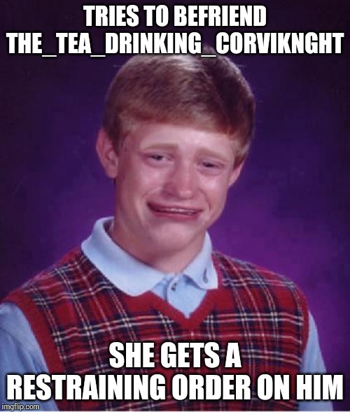That's what happens when you try to stalk on me. |  TRIES TO BEFRIEND THE_TEA_DRINKING_CORVIKNGHT; SHE GETS A RESTRAINING ORDER ON HIM | image tagged in bad luck brian cry,the_tea_drinking_corviknght,restraining order,stalker | made w/ Imgflip meme maker