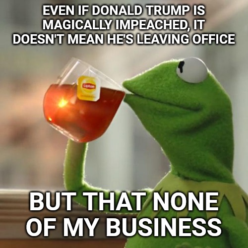 Too bad, Democrats. You keep trying and see how it goes. | EVEN IF DONALD TRUMP IS MAGICALLY IMPEACHED, IT DOESN'T MEAN HE'S LEAVING OFFICE; BUT THAT NONE OF MY BUSINESS | image tagged in memes,but thats none of my business,kermit the frog | made w/ Imgflip meme maker