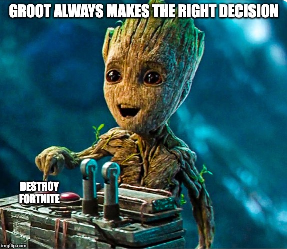 I am groot | GROOT ALWAYS MAKES THE RIGHT DECISION; DESTROY FORTNITE | image tagged in i am groot | made w/ Imgflip meme maker