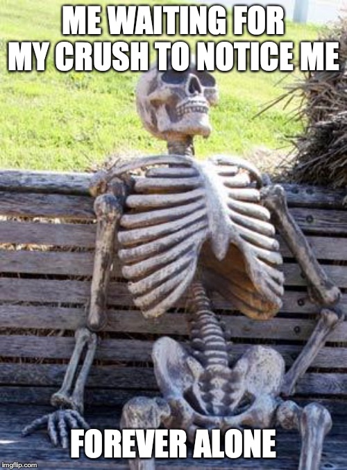 Waiting Skeleton | ME WAITING FOR MY CRUSH TO NOTICE ME; FOREVER ALONE | image tagged in memes,waiting skeleton | made w/ Imgflip meme maker
