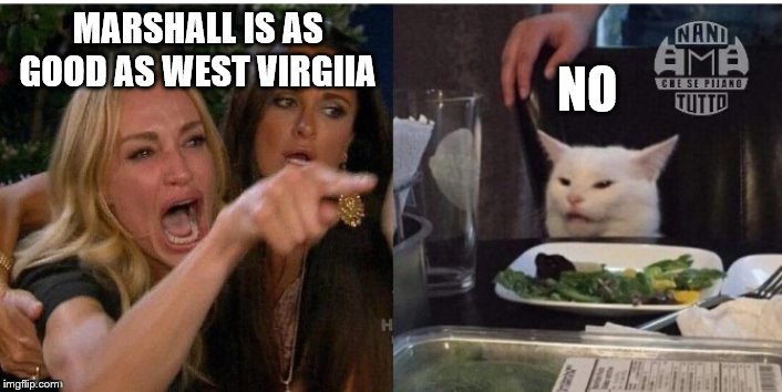 white cat table | MARSHALL IS AS GOOD AS WEST VIRGIIA; NO | image tagged in white cat table | made w/ Imgflip meme maker