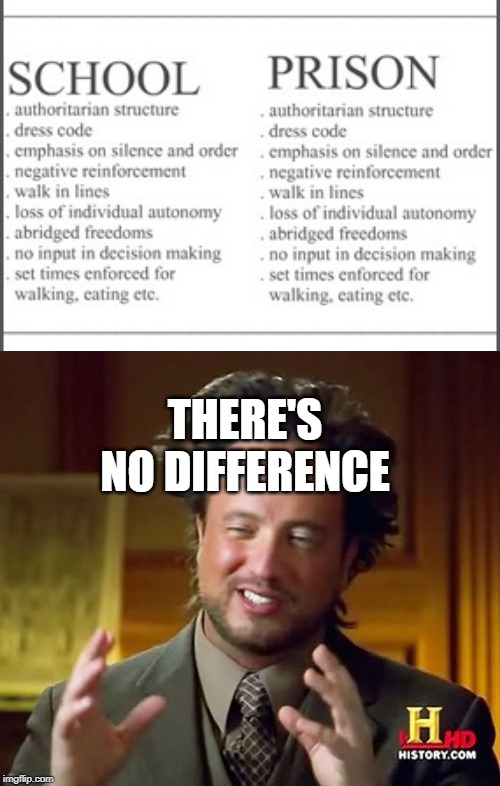no difference | THERE'S NO DIFFERENCE | image tagged in memes,ancient aliens,school,prison,im14andthisisdeep | made w/ Imgflip meme maker