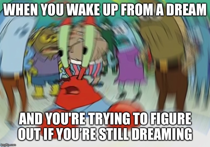 Mr Krabs Blur Meme | WHEN YOU WAKE UP FROM A DREAM; AND YOU'RE TRYING TO FIGURE OUT IF YOU’RE STILL DREAMING | image tagged in memes,mr krabs blur meme | made w/ Imgflip meme maker