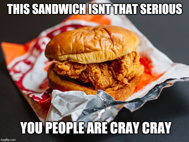 Jroc113 | THIS SANDWICH ISNT THAT SERIOUS; YOU PEOPLE ARE CRAY CRAY | image tagged in popeyes chicken sandwich | made w/ Imgflip meme maker
