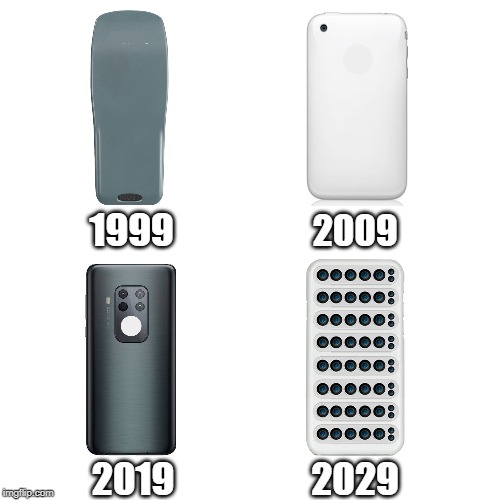 2009; 1999; 2019; 2029 | image tagged in fun,evolution,technology,smartphone,camera | made w/ Imgflip meme maker